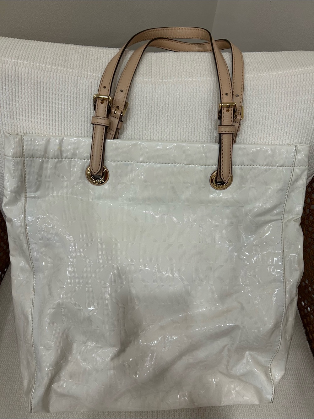 Michael Kors White Patent Tote with Beige Straps